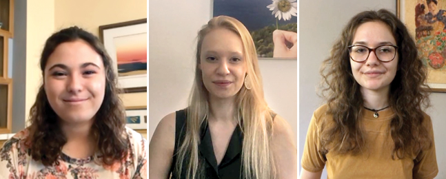 Banner containing head-and-shoulder portraits of Brandeis students, from left, Simon Shuman, Lauren Davis and Shai Dinnar.